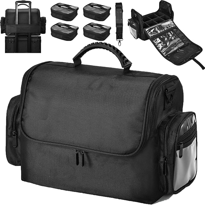 Makeup Train Case 18.1 Inch Large Travel Makeup Organizer Case Portable Makeup Arists Bag with Shoulder Strap Makeup Brush Slots 4 Clear Pouch for Cosmetologist Aesthetic Supplies Nail Tech Makeup Bag