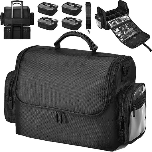 Makeup Train Case 18.1 Inch Large Travel Makeup Organizer Case Portable Makeup Arists Bag with Shoulder Strap Makeup Brush Slots 4 Clear Pouch for Cosmetologist Aesthetic Supplies Nail Tech Makeup Bag