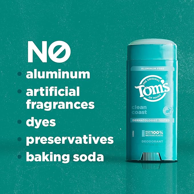 Tom’s of Maine Clean Coast Aluminum Free Natural Deodorant For Women & Men | Goes on Clear | Odor & Wetness Protection | Naturally Derived and Moisture-Locking Ingredients | 3.25 oz (2 Pack)