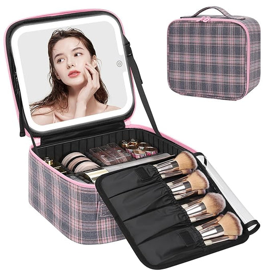Relavel Travel Makeup Bag With LED Mirror, Portable Cosmetic Organizer Bag with Adjustable Brightness in 3 Color Scenarios, Small Train Case with Detachable Dividers for Trip- Grey Strip