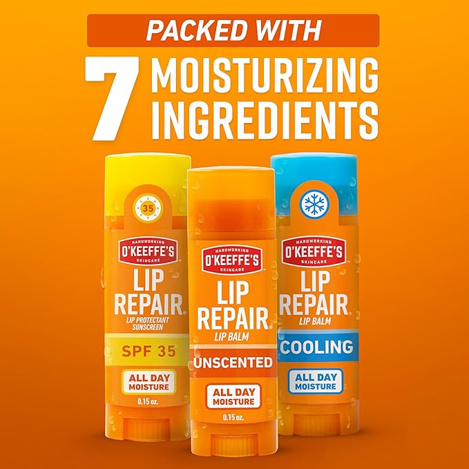 O'Keeffe's Lip Repair Lip Balm Set for Dry, Cracked Lips - Stick (Pack of 3: 1 Cooling + 1 Unscented + 1 SPF) - Moisturizer for for Extremely Cracked, Dry Lips