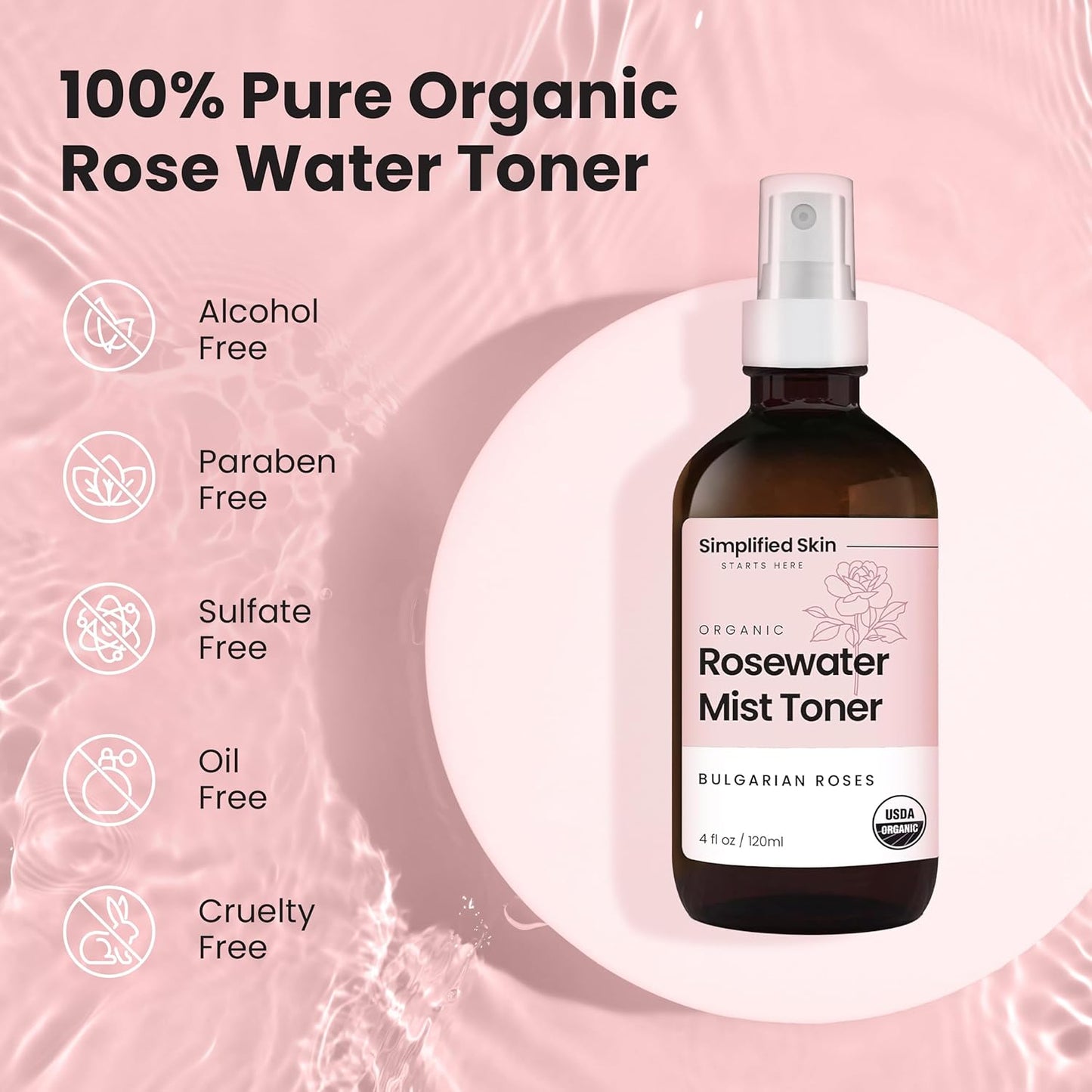 Simplified Skin Rose Water Spray for Face – Natural Organic Facial Toner – Hydrating Face & Hair Mist & Makeup Remover – Alcohol-Free 4 Fl Oz 3-Pack