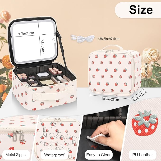 Relavel Travel Makeup Bag with LED Mirror, Portable Cosmetic Train Case with 3 Color Lighted Brightness Mirror, Makeup Artist Organizer Storage with Adjustable Dividers Make Up Box - White Strawberry