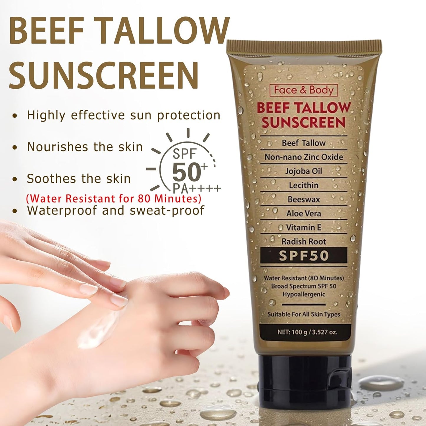 Beef Tallow Sunscreen for Face Body,Tallow Sunscreen SPF 50 Water-Resistant for Summer Outdoor Travel 3.52 OZ