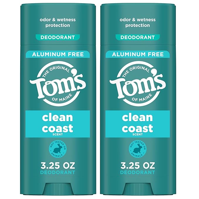 Tom’s of Maine Clean Coast Aluminum Free Natural Deodorant For Women & Men | Goes on Clear | Odor & Wetness Protection | Naturally Derived and Moisture-Locking Ingredients | 3.25 oz (2 Pack)