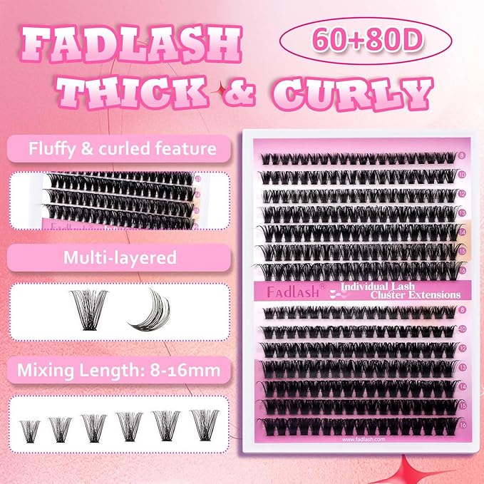 FADLASH Lash Extension Kit 60D+80D Lash Clusters D Curl Lash Cluster Kit DIY Eyelash Extension Kit with Lash Bond and Seal Lash Applicator Tool fluffy Cluster Lashes(60+80D Kit, Mix 8-16mm)