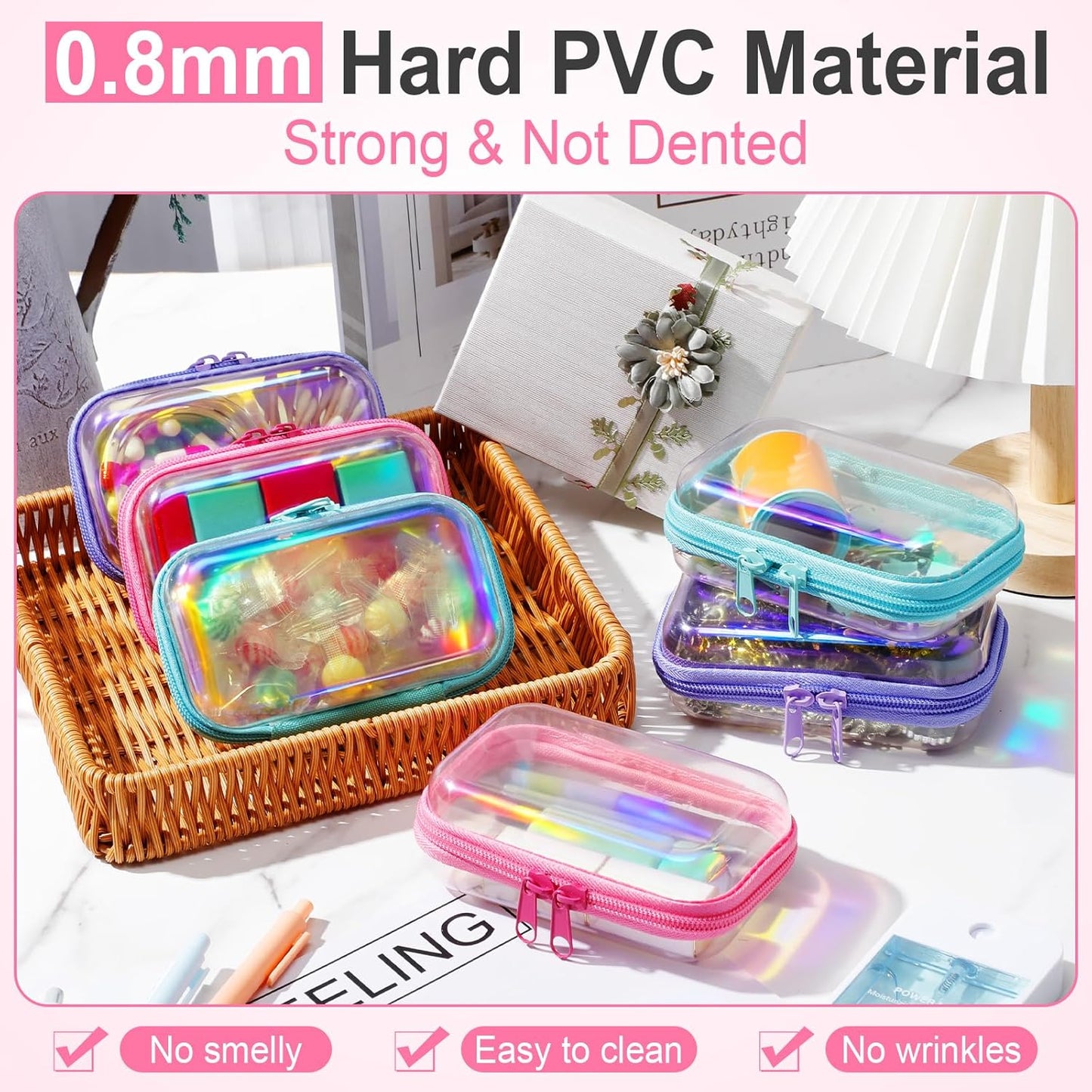 Sanwuta 6 Pcs Clear Hard Zipper Case Pencil Pouches Hard Plastic Zipper Pouches Makeup Bag Transparent Cases for Snacks Plastic Storage Organizer Box for Travel(Holographic,5 x 3 x 2 Inch)