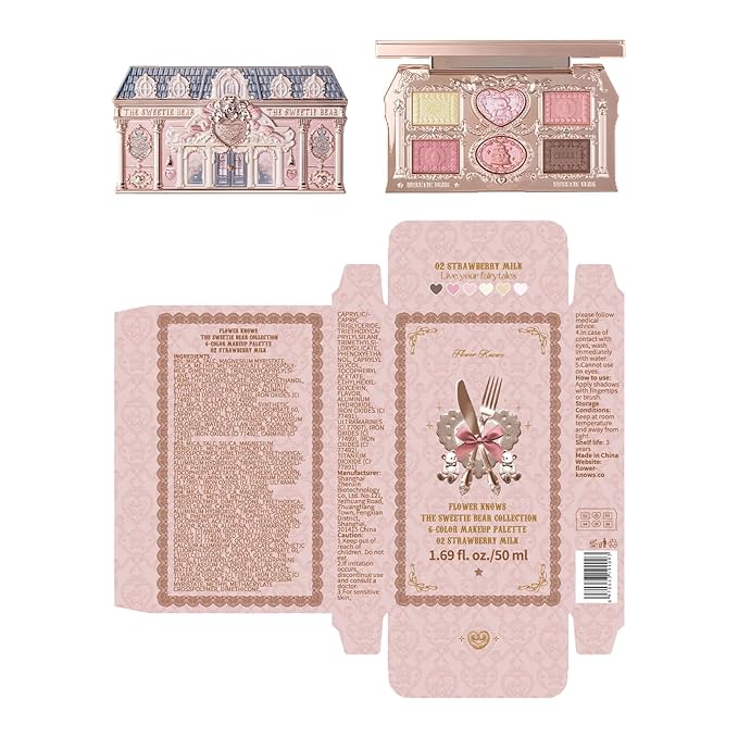 Flower Knows The Sweetie Bear Collection 6-Color Makeup Palette,Pink Face Makeup Palette with 4 Matte + 2 Shimmer Shades,Blendable Smooth Cute Make Up,0.23 Oz(02 Strawberry Milk)