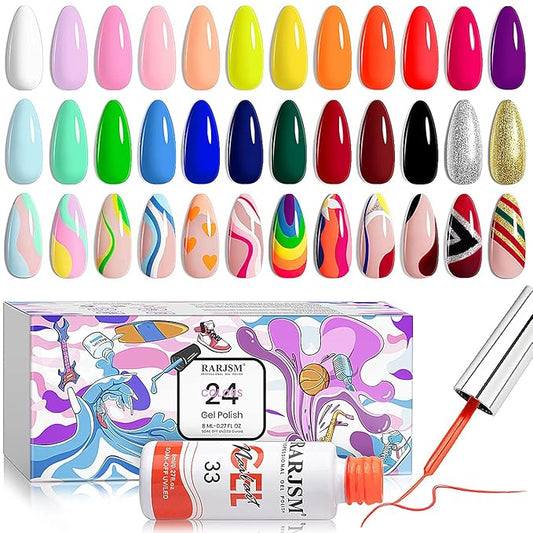 RARJSM Nail Art Gel Liner 24 Color Line Art Painted Gel Nail Polish Set Pink Blue Green Silver Gold Glitter for Nails Painting Drawing Soak Off U V L E D Curing Requires Bulid in Thin Nail Art Brush