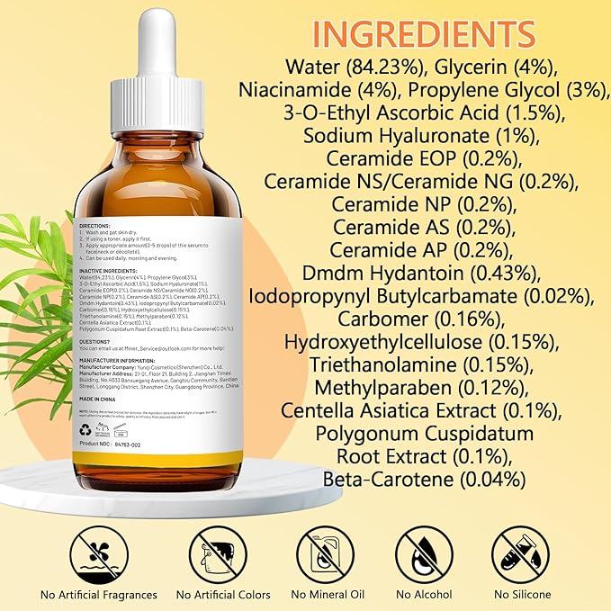 Pure 4% Niacinamide Serum for Acne Treatment for Face & Dark Spots | Brightening Face Serum with 1.5% Vitamin C | 1% Hyaluronic Acid | 1% Ceramide T5 | Made in China (4 fl.oz/120ml) Travel Pack Size