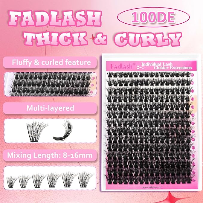 FADLASH Lash Extension Kit 100D Lash Clusters C Curl Lash Cluster Kit DIY Eyelash Extension Kit with Lash Bond and Seal Lash Tweezer 3D Fluffy Cluster Lashes (Kit, 100D-0.07C-Mix8-16)