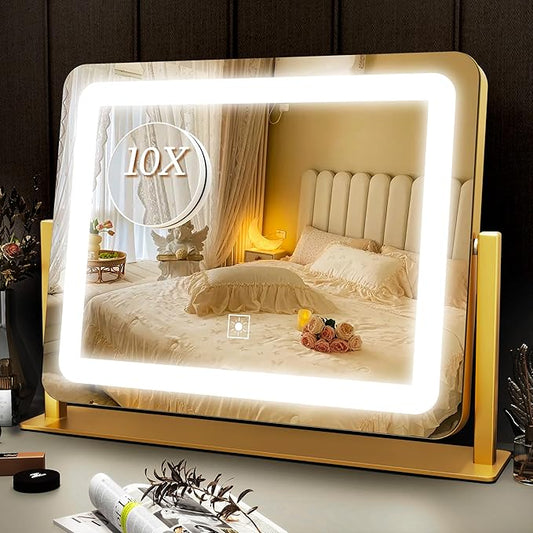 ROLOVE Gold Vanity Mirror with Lights 15" x 12", Lighted Makeup Mirror with 10X Magnification, 3 Color Lighting & Dimmable Brightness, Make Up Mirror with Lighting for Bedroom Tabletop