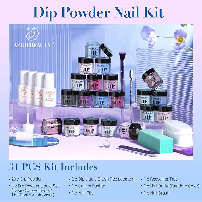 AZUREBEAUTY Dip Powder Nail Kit Starter, 20 Colors Purple Blue Glitter Dipping Powder Recycling Tray Essential Liquid Set Base Top Coat Activator French Dip Nails Art Manicure Beginner Salon 31 Pcs