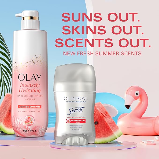 Olay Body Wash for Women, Intensely Hydrating, Pro-Hyaluronic Acid Serum Complex, Renews Moisture, Vitamin B3 Lameller Technology, For All Skin Types, Watermelon Summer Fizz Scent, 20 fl oz