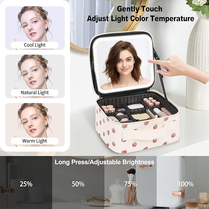 Relavel Travel Makeup Bag with LED Mirror, Portable Cosmetic Train Case with 3 Color Lighted Brightness Mirror, Makeup Artist Organizer Storage with Adjustable Dividers Make Up Box - White Strawberry