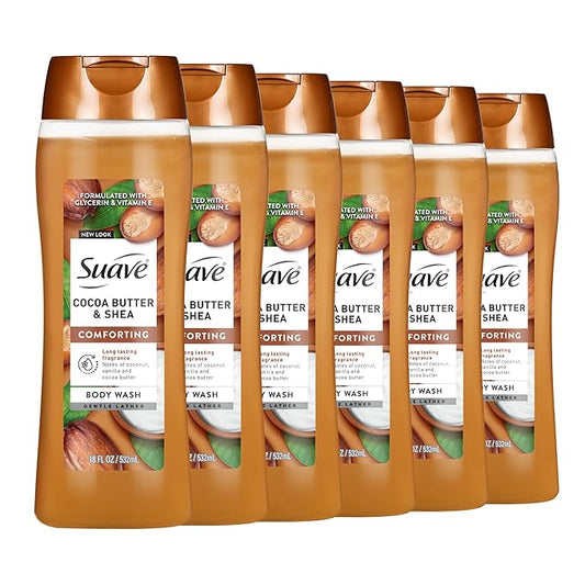 Suave Moisturizing Body Wash, Cocoa Butter and Shea with Vitamin E Extract, No Parabens, No Phtahaltes, 18 Oz Pack of 6
