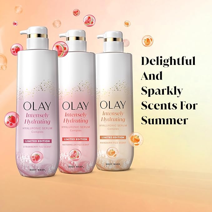 Olay Body Wash for Women, Intensely Hydrating, Pro-Hyaluronic Acid Serum Complex, Renews Moisture, Vitamin B3 Lameller Technology, For All Skin Types, Mandarin Summer Fizz Scent, 20 fl oz