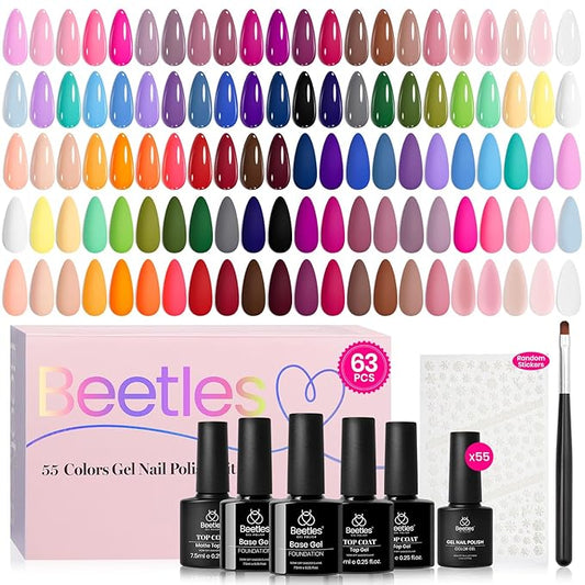 Beetles Spring Gel Nail Polish Set - Vibrarnt Holiday 55 Colors Gel Polish Kit with 5 Pcs Base Glossy Matte Top Coat UV LED Soak off Nail Polish Red Brown Pink Green Blue Easter Gifts for Women