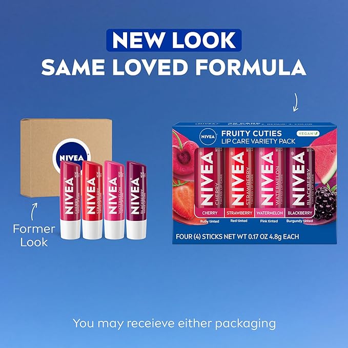 NIVEA Lip Care, Fruity Tinted Lip Balm Variety Pack, Cherry, Strawberry, Blackberry and Watermelon Flavors, 3-in-1 Moisture, Repair and Color, 0.17 Oz Stick, Pack of 4