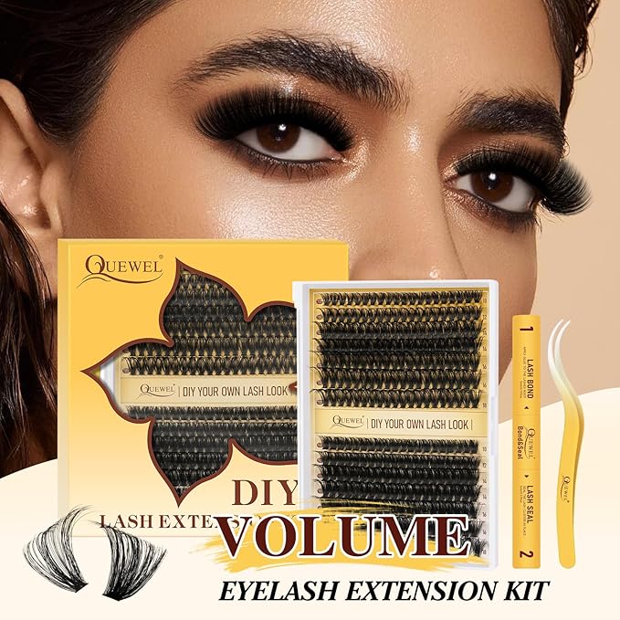 QUEWEL Lash Clusters Kit, 280Pcs 70D+90D Lash Cluster Eyelash Extensions Mix 10-18mm 3D Eyelash Clusters with Lash Bond and Seal and Lash Tweezers Easily Create 3D Lashes Clusters at Home(70D+90D Kit)