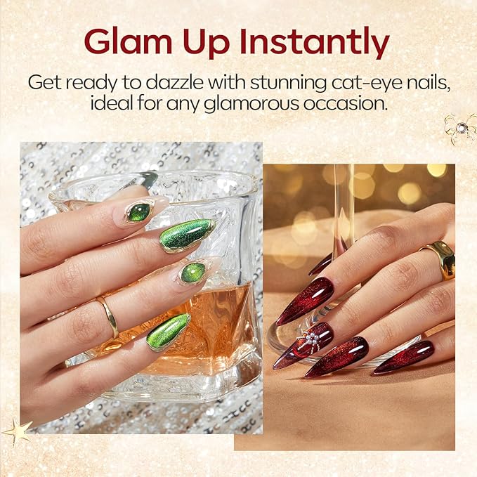 modelones Gel Nail Polish Kit with U V Light, 23 PCS Gel Nail Kit with White Red Cat Eye Green Pink Silver Sparkle Colors Base Top Coat Cuticle Oil Magnet Manicure Tools Stickers Chrome Powder Gift