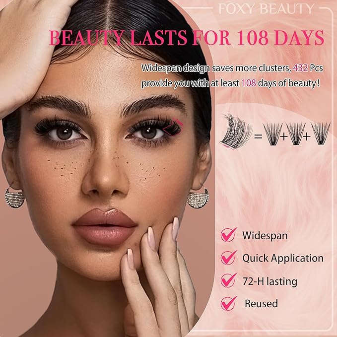 Foxy Beauty Volume Lash Clusters - 10-18mm DIY Fluffy Natural Eyelash Extension with 360Pcs D Curl Soft Faux Mink Lashes for Salon-Quality Look