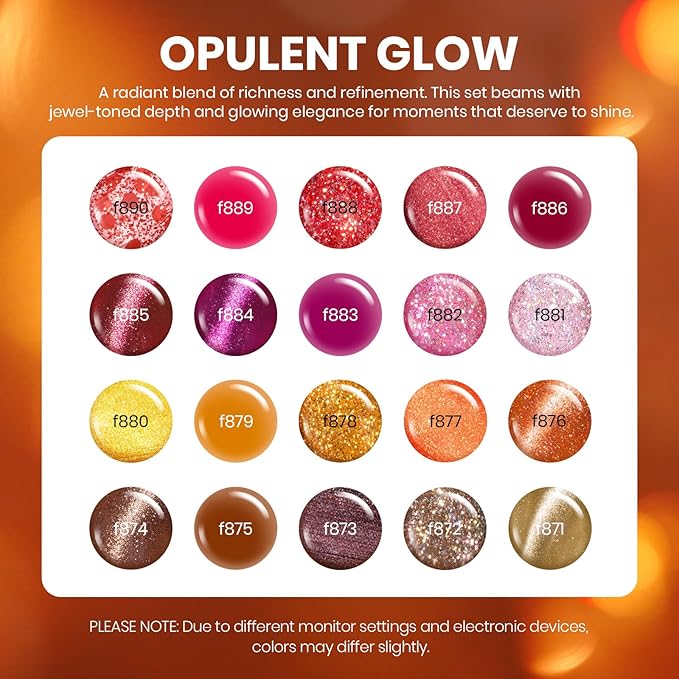 Beetles Gel Nail Polish Set – Opulent Glow Cat Eye Gel Polish, 20 Colors Red Orange Yellow Glitter Brown, Soak Off UV LED with Base Glossy Matte Top Coat for DIY Manicure Gift for Women