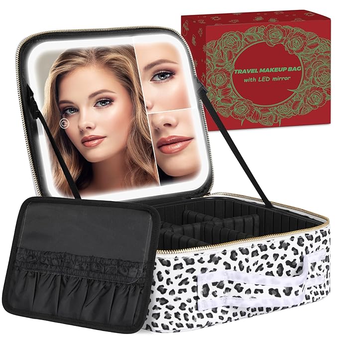 Makeup Bag with LED Lighted Mirror| Portable Makeup Organizer Train Case with 2X/3X Magnification & 3 Color Lights for Precision, Adjustable Brightness| Elegant Gift Packaging, Gift for Women, Leopard
