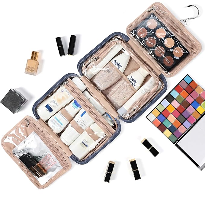 NISHEL Travel Toiletry Bag for Women, Makeup Essentials Organizer, Hanging Case for Accessories, Cosmetics, Medium Size, Aegean-Blue