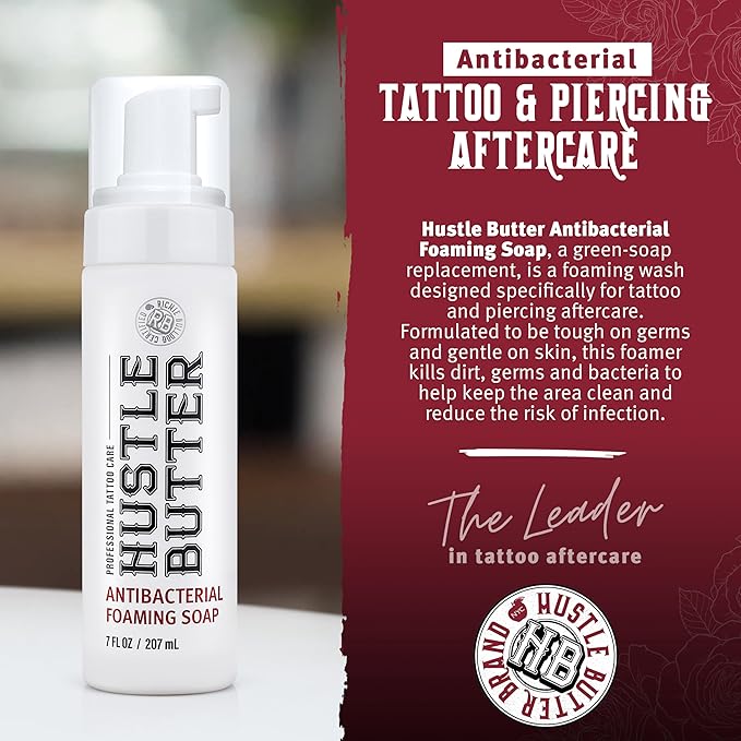 Hustle Bubbles Tattoo Aftercare Soap - Antibacterial Cleanser To Clean New Tattoos & Piercings - Essential Body Art Supplies 7oz