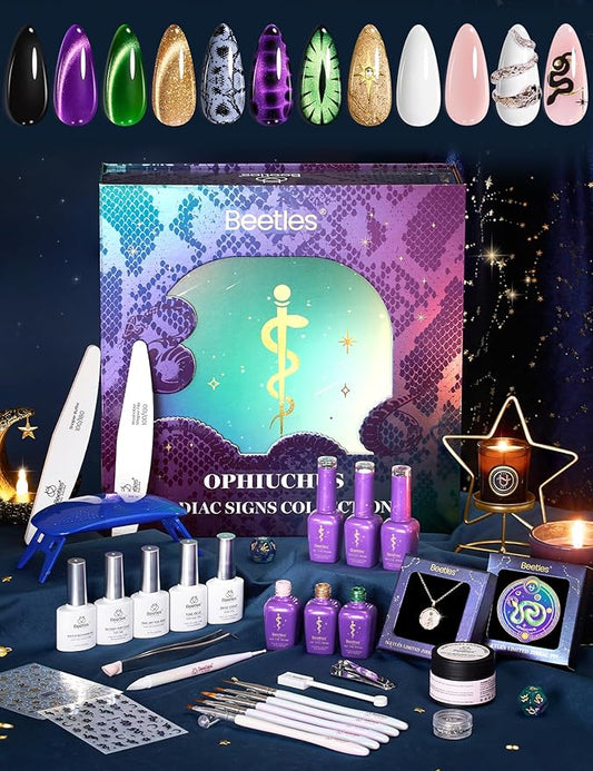 Beetles The Ophiuchus Sign Lucky Box, Ophiuchus Zodiac Gel Nail Polish Kit Nail Art Set Purple Green Gold Cat Eye Black White Gel Pink Jelly Base Top Coat Salon DIY Zodiac Gift for Women