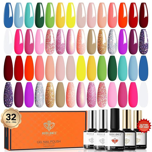 modelones 32 PCS Gel Nail Polish Set, 28 Colors Spring Colorful Gel Polish with No Wipe Base Coat, Glitter & Glossy & Matte Top Coat Soak Off LED Nail Art Kit Salon at Home