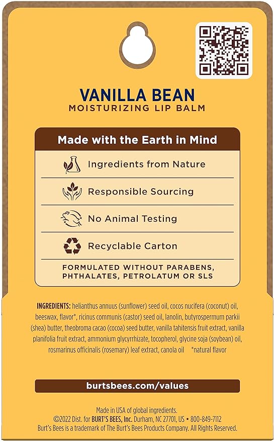 Burt's Bees Lip Balm - Vanilla Bean, Lip Moisturizer With Responsibly Sourced Beeswax, Tint-Free, Natural Origin Conditioning Treatment, 2 Tubes, 0.15 oz. (Pack of 2)