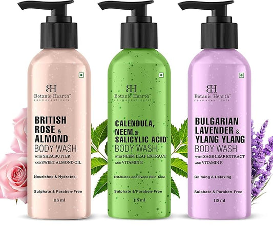 Botanic Hearth Relax & Renew Body Wash Set – British Rose, Lavender & Calendula Neem, Travel-Size 3-Pack, Gentle Cleansing Shower Gel – 4 fl oz Each