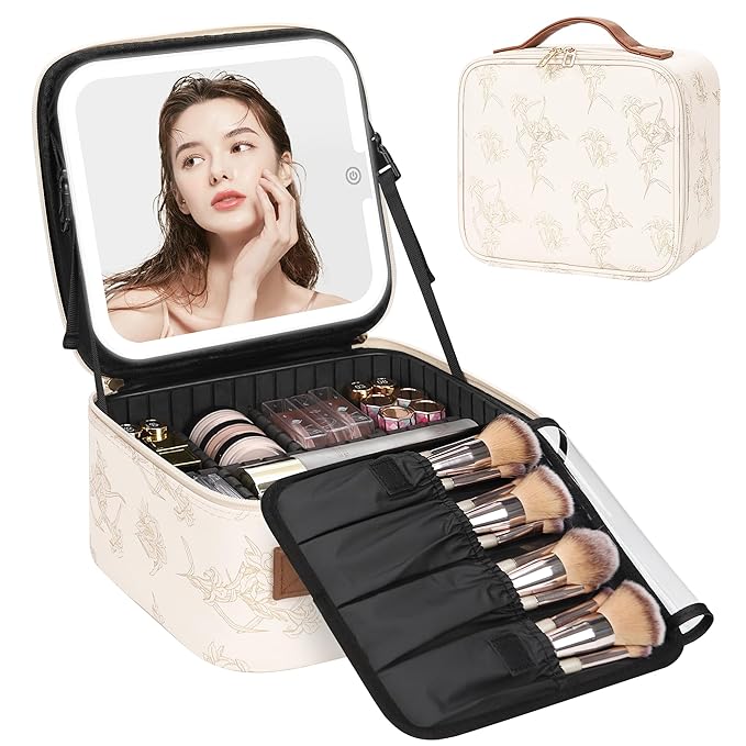 Relavel Travel Makeup Bag With LED Mirror, Portable Cosmetic Organizer Bag with Adjustable Brightness in 3 Color Scenarios, Small Train Case with Detachable Dividers for Trip- Lily Flower