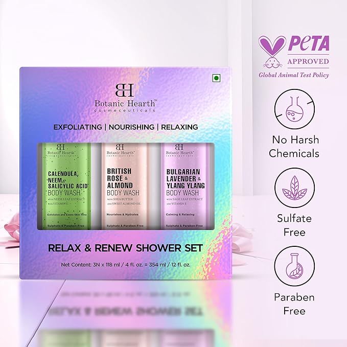 Botanic Hearth Relax & Renew Body Wash Set – British Rose, Lavender & Calendula Neem, Travel-Size 3-Pack, Gentle Cleansing Shower Gel – 4 fl oz Each