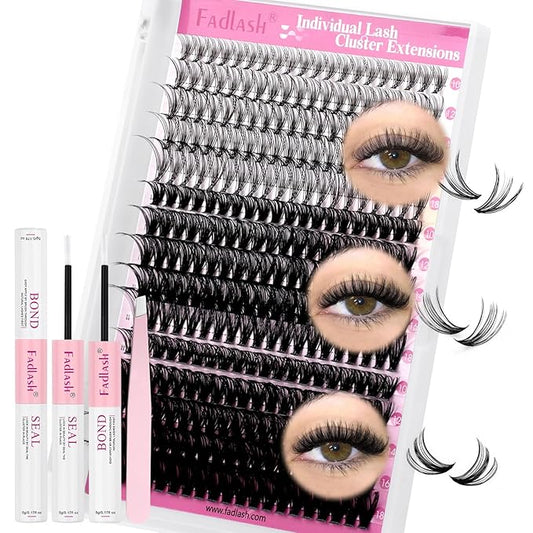 FADLASH Lash Extension Kit 20D+40D+50D Lash Clusters D Curl Lash Cluster Kit DIY Eyelash Extension Kit with Lash Bond and Seal Lash Tweezer Cluster Lashes (Kit, 20D+40D+50D-07D-Mix10-18)