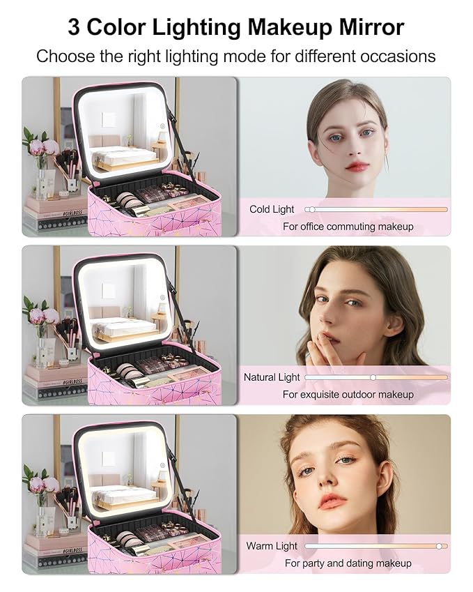 Relavel Travel Makeup Bag with LED Mirror, Portable Cosmetic Train Case with 3 Color Lighted Brightness Mirror, Makeup Artist Organizer Storage with Adjustable Dividers Make Up Box - Pink Strip