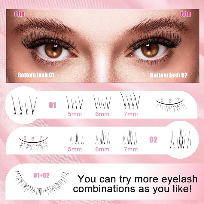Lash Clusters 9-16mm with 5-7mm Bottom Lashes D Curl 30D 40D 50D 60D Fluffy Wispy EyeLash Clusters - DIY Eyelash Extension Individual lash lift kit No Adhesives Included