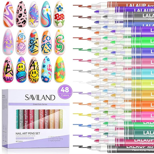 SAVILAND Nail Art Pens Set: 48 Colors Quick-Drying 3D Nail Polish Pens Acrylic Paint Markers for Nail Art Painting Drawing Liner Brush Dotting Tools Kit for Home DIY & Salon Manicure