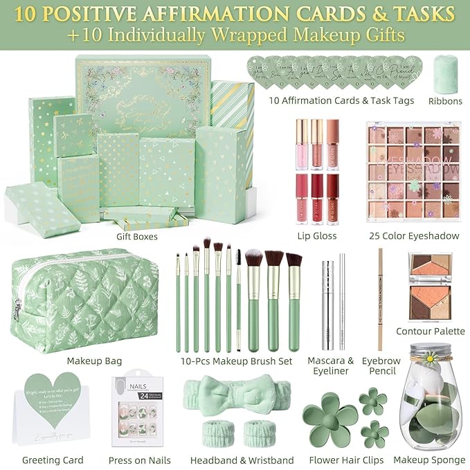 Teen Girl Gifts Trendy Stuff, 10 Positive Affirmation Cards & Empowering Challenges to Unlock 10 Wrapped Makeup Gift Set Motivational Birthday Easter Egg Stuffers Gift Basket for Tween & Teenage Girls