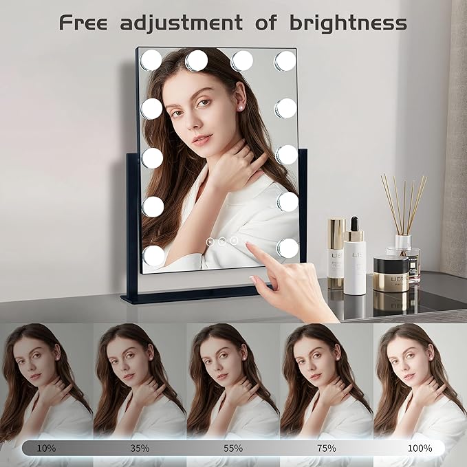 Vanity Mirror with Lights,Lighted Vanity Mirror with 12 Dimmable Bulbs for Dressing Room & Bedroom,3 Color Lighting,Modes Detachable 10x Magnification 360°Ratation