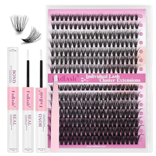FADLASH Lash Extension Kit 40D+50D Lash Clusters D Curl Lash Cluster Kit DIY Eyelash Extension Kit with Lash Bond and Seal Lash Tweezer Cluster Lashes (Kit, 40D+50D-07D-Mix10-18)