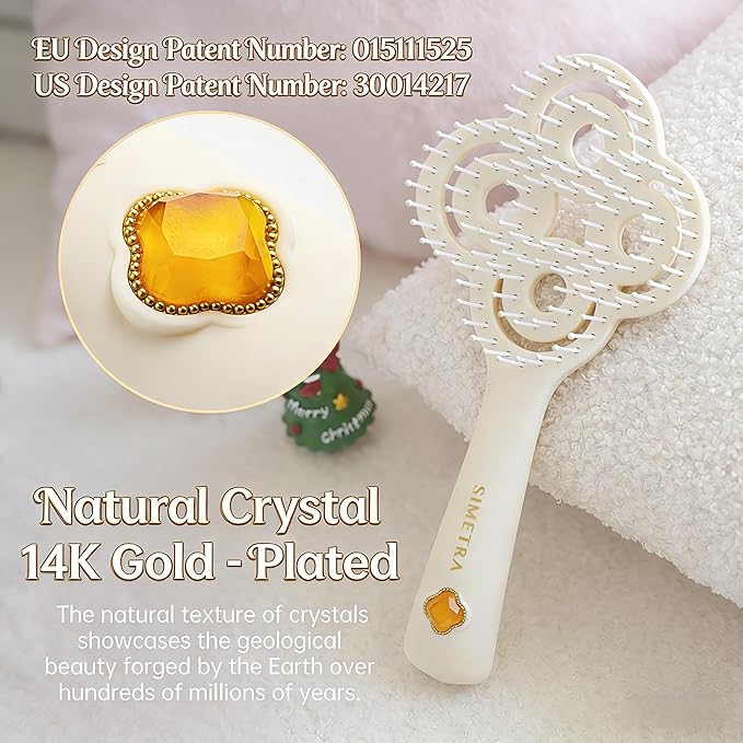 Simetra Detangler Hair Brush for Women and Men, Original Detangling Brush for Curly Hair/Fine &Thick/Wet & Dry Hair, Holiday Present Hairbrush - Natural Crystal Inlay & 14K Gold Plating