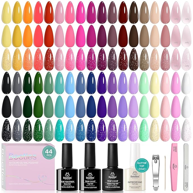 Beetles Spring Gel Nail Polish Set - 36 Colors Nature's Tales Nail Colors Kit with Glossy & Glitter Top Coat, Soak Off UV LED Nail Gel Kit, Long Lasting Nail Art for DIY Home Salon Manicure