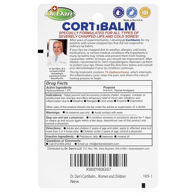 Dr. Dan's Cortibalm- 3 Pack - for Dry Cracked Lips - Healing Lip Balm for Severely Chapped Lips - Designed for Men, Women and Children