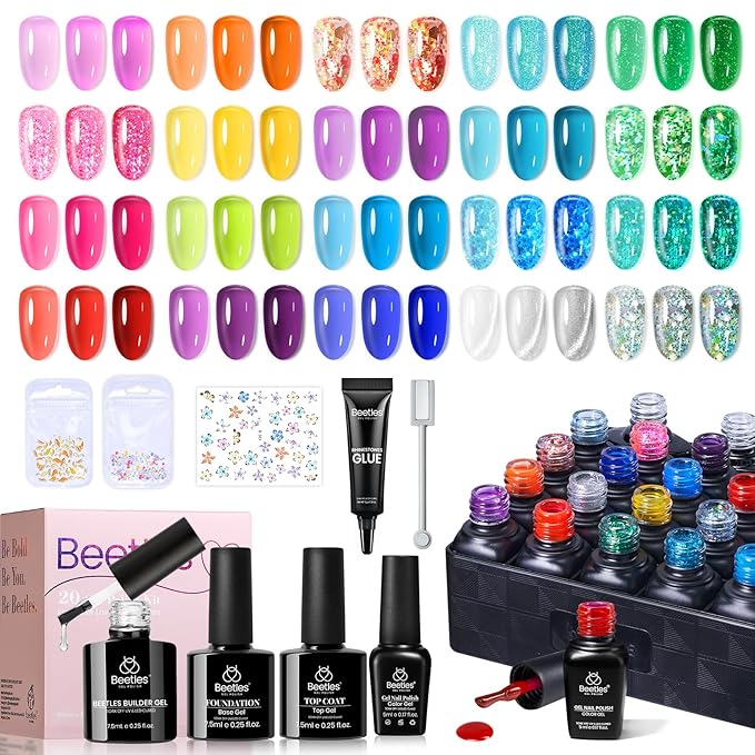 Beetles Jelly Gel Nail Polish Set - 20 Colors Spring Cat Eye Glitter Rainbow Soak Off UV LED Gel Nail Kit Pink Orange Blue with Base Matte Top Coat for DIY Nail Art Sunbeam Jelly Easter Gift for Women