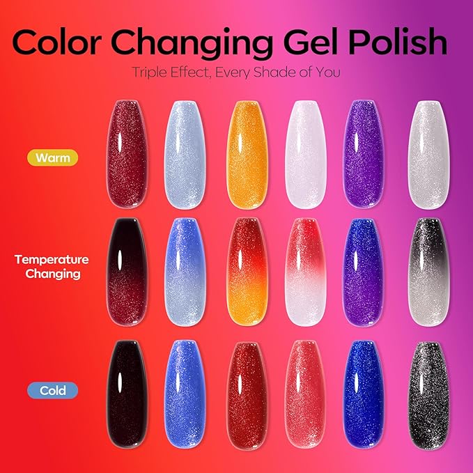 modelones Color Changing Gel Nail Polish Set, 6 Colors Temperature Changing Mood Red Black Blue Glitter Gel Polish Colors Collection Soak Off Christmas Gifts New Year Holiday Salon DIY at Home