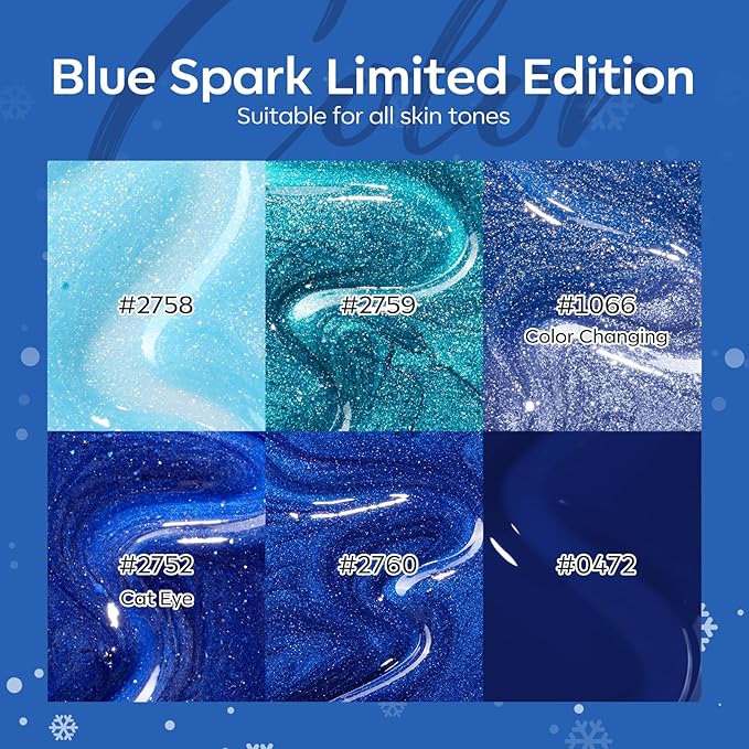modelones Blue Gel Nail Polish Set, 6 Colors Winter Cat Eye Glitter Color Changing Chameleon Gel Polish Kit with Magnet Snow Stickers Soak Off Led Nail Art Manicure Salon DIY New Year Holiday Gifts