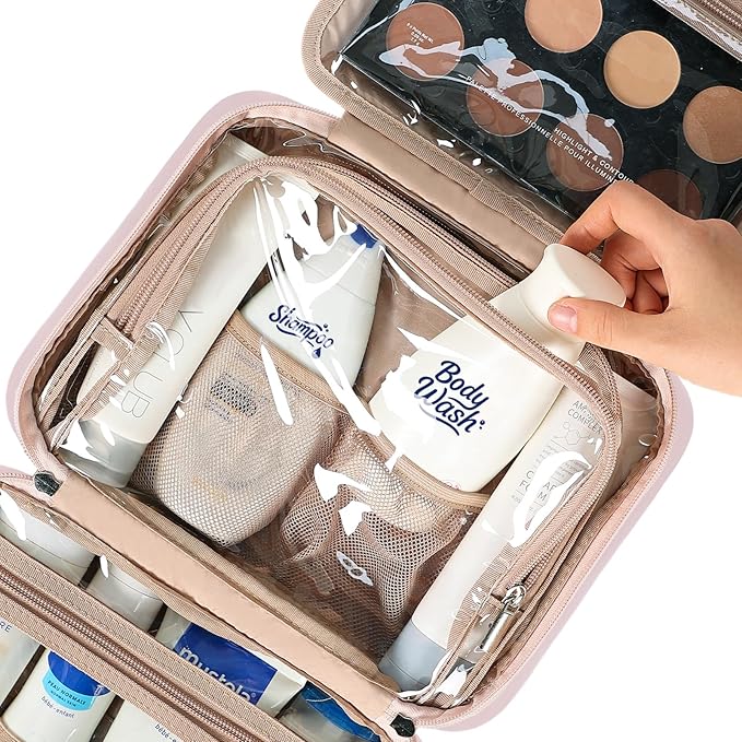 NISHEL Travel Toiletry Bag for Women, Makeup Essentials Organizer, Hanging Case for Accessories, Cosmetics, Medium Size, Pink